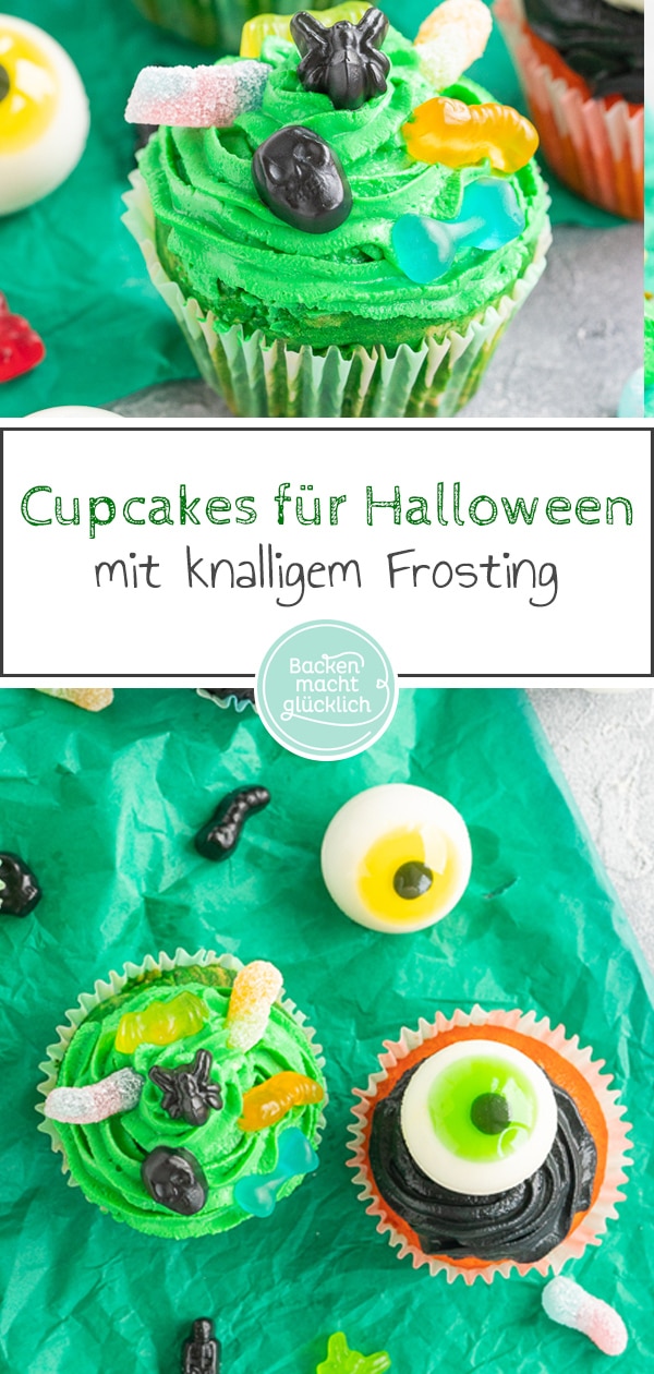 Schaurig-schöne Cupcakes für Halloween, die mit ihren Farben und der tollen Deko nicht nur Kinder begeistern! Mit diesen Cupcake Monstern wird das Halloween-Buffet garantiert ein Hingucker.