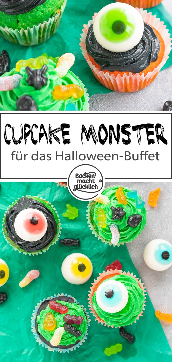 Schaurig-schöne Cupcakes für Halloween, die mit ihren Farben und der tollen Deko nicht nur Kinder begeistern! Mit diesen Cupcake Monstern wird das Halloween-Buffet garantiert ein Hingucker.