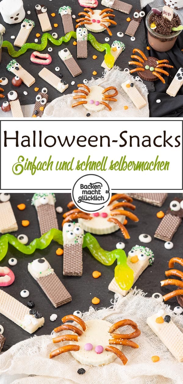 Einfache und schnelle Halloween-Snack-Ideen: Spinnen-Törtchen, Augen-Männchen und Grabstein-Pudding. Diese witzigen Ideen fürs Halloweenbuffet sorgen garantiert für gute Laune!