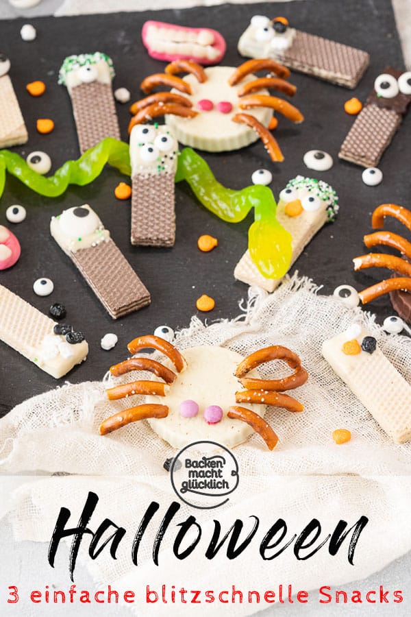 Einfache und schnelle Halloween-Snack-Ideen: Spinnen-Törtchen, Augen-Männchen und Grabstein-Pudding. Diese witzigen Ideen fürs Halloweenbuffet sorgen garantiert für gute Laune!