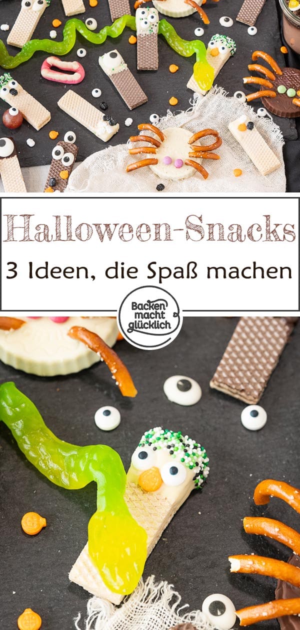 Einfache und schnelle Halloween-Snack-Ideen: Spinnen-Törtchen, Augen-Männchen und Grabstein-Pudding. Diese witzigen Ideen fürs Halloweenbuffet sorgen garantiert für gute Laune!