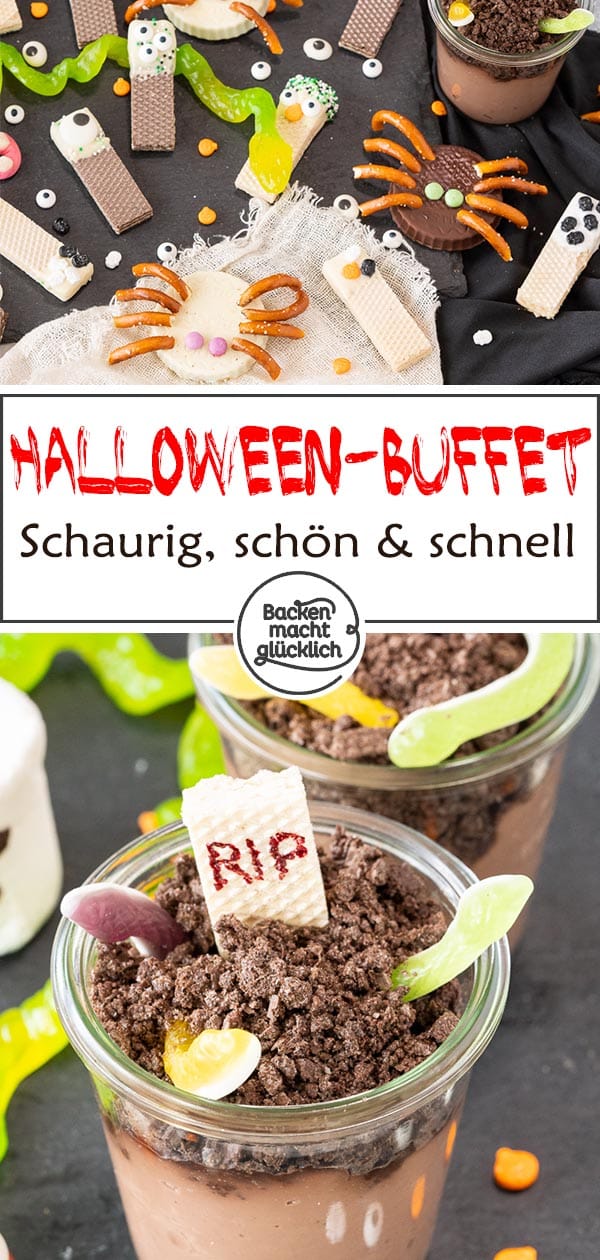 Einfache und schnelle Halloween-Snack-Ideen: Spinnen-Törtchen, Augen-Männchen und Grabstein-Pudding. Diese witzigen Ideen fürs Halloweenbuffet sorgen garantiert für gute Laune!