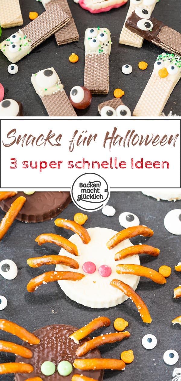 Einfache und schnelle Halloween-Snack-Ideen: Spinnen-Törtchen, Augen-Männchen und Grabstein-Pudding. Diese witzigen Ideen fürs Halloweenbuffet sorgen garantiert für gute Laune!