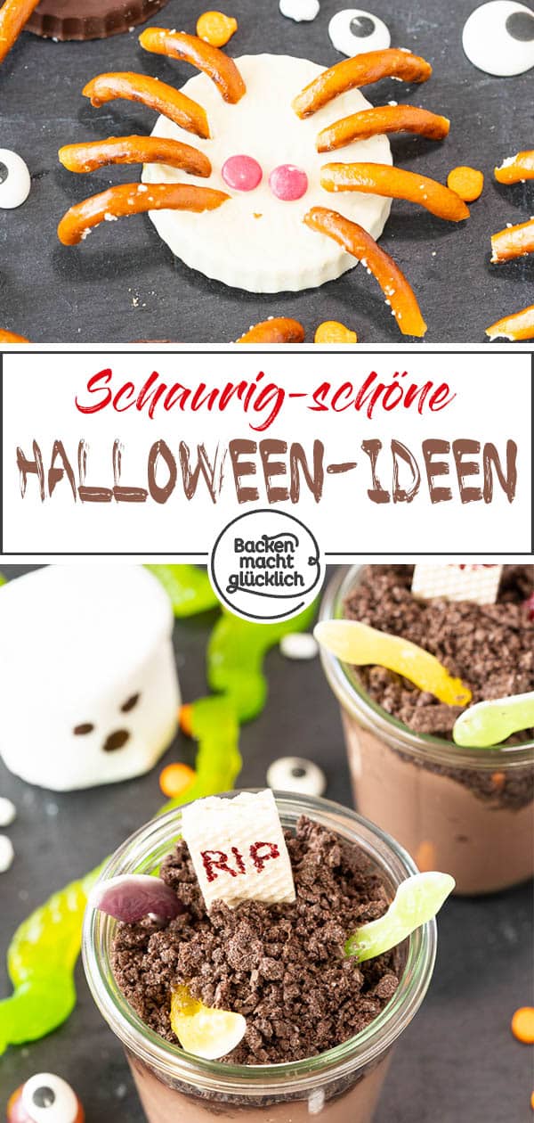 Einfache und schnelle Halloween-Snack-Ideen: Spinnen-Törtchen, Augen-Männchen und Grabstein-Pudding. Diese witzigen Ideen fürs Halloweenbuffet sorgen garantiert für gute Laune!