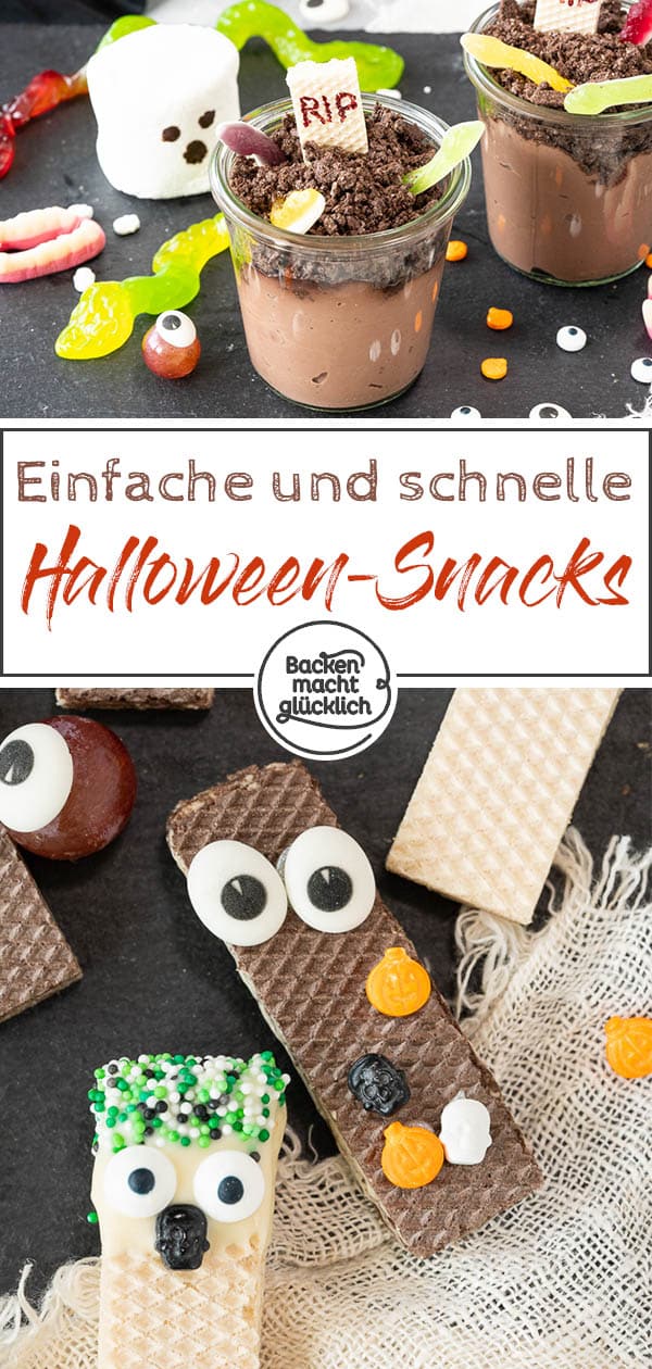 Einfache und schnelle Halloween-Snack-Ideen: Spinnen-Törtchen, Augen-Männchen und Grabstein-Pudding. Diese witzigen Ideen fürs Halloweenbuffet sorgen garantiert für gute Laune!