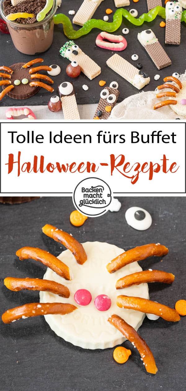 Einfache und schnelle Halloween-Snack-Ideen: Spinnen-Törtchen, Augen-Männchen und Grabstein-Pudding. Diese witzigen Ideen fürs Halloweenbuffet sorgen garantiert für gute Laune!