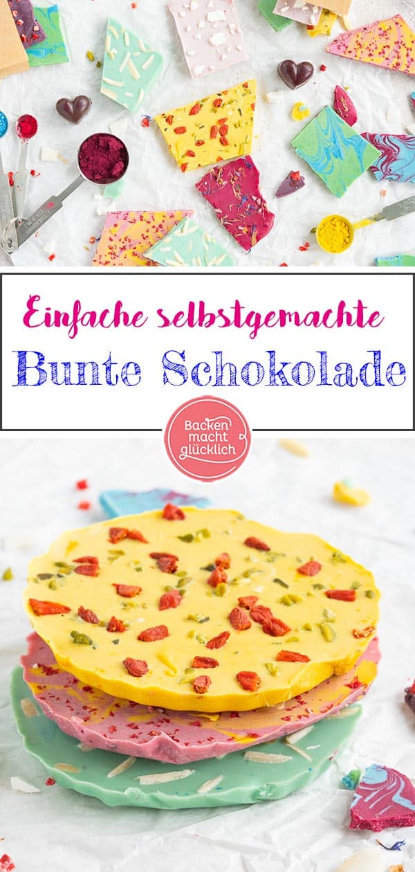 Bunte Schokolade selber machen ist ganz einfach: Mit diesem Rezept für natürlich gefärbte Schokotafeln habt ihr im Nu ein tolles Geschenk. Egal, ob blaue Schokolade oder rote Schokolade, hier gibt´s Tipps zum Schokolade einfärben