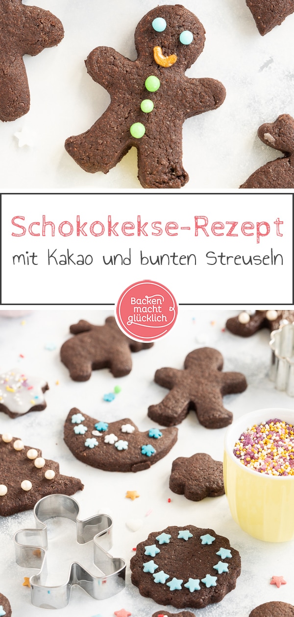 Die Schokoplätzchen zum Ausstechen dürfen auf dem Plätzchenteller an Weihnachten nicht fehlen! Meine Kinder lieben es einfach, die Kakao-Plätzchen mit bunten Streuseln zu backen und zu verzieren – und natürlich zu vernaschen!