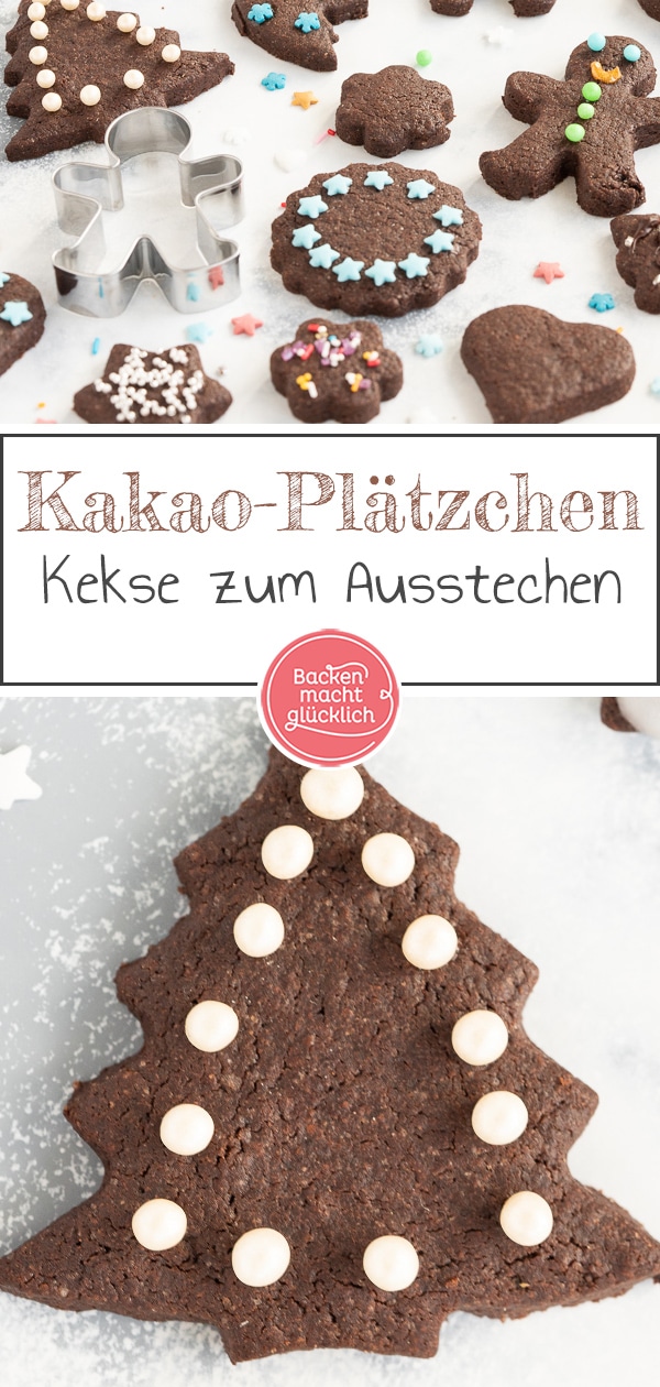 Die Schokoplätzchen zum Ausstechen dürfen auf dem Plätzchenteller an Weihnachten nicht fehlen! Meine Kinder lieben es einfach, die Kakao-Plätzchen mit bunten Streuseln zu backen und zu verzieren – und natürlich zu vernaschen!