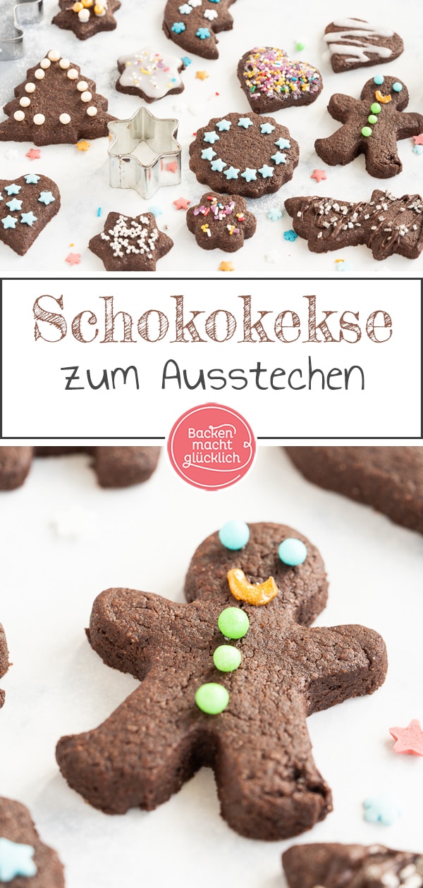 Die Schokoplätzchen zum Ausstechen dürfen auf dem Plätzchenteller an Weihnachten nicht fehlen! Meine Kinder lieben es einfach, die Kakao-Plätzchen mit bunten Streuseln zu backen und zu verzieren – und natürlich zu vernaschen!