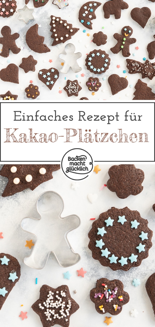 Die Schokoplätzchen zum Ausstechen dürfen auf dem Plätzchenteller an Weihnachten nicht fehlen! Meine Kinder lieben es einfach, die Kakao-Plätzchen mit bunten Streuseln zu backen und zu verzieren – und natürlich zu vernaschen!