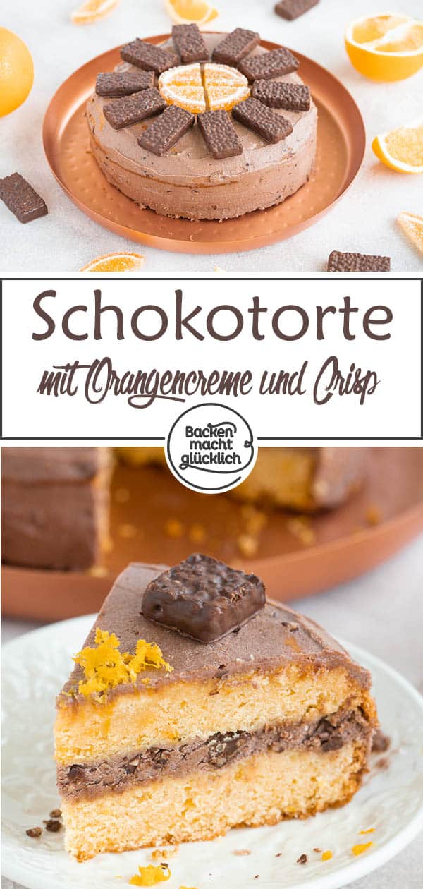 Köstliche Schoko-Orangen-Torte: Saftiger Boden aus Orangen-Rührteig und eine himmlische Schoko-Crisp-Creme: Diese einfache Schokoladentorte mit Orange ist nicht kompliziert, verspricht aber großen Genuss!