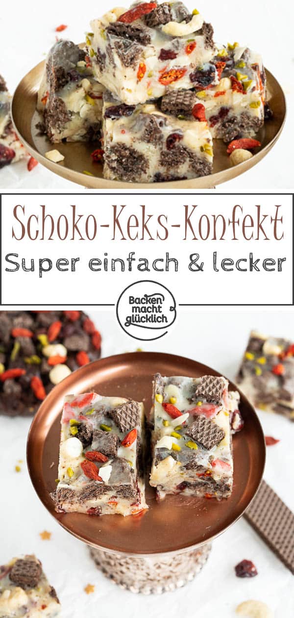 Rocky Road Fudge: Diese Toffee-Happen aus weißer Schokolade, dunklen Knusperwaffeln, Nüssen, Kernen und Trockenfrüchten sind eine köstliche Nascherei (nicht nur) im Winter!