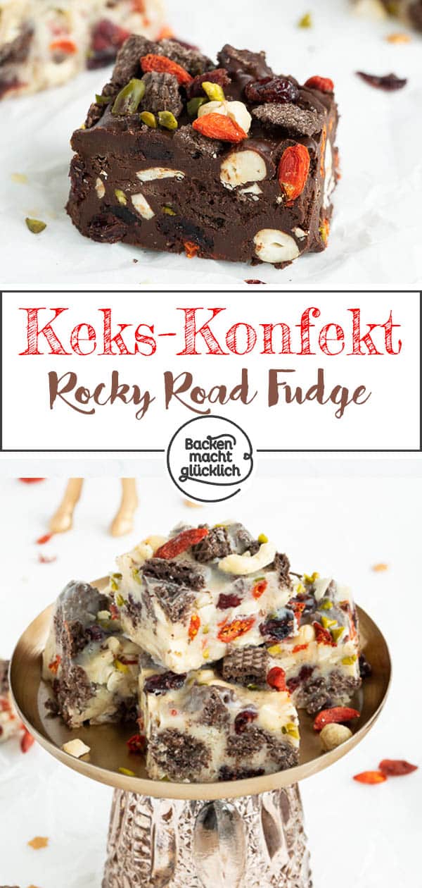 Rocky Road Fudge: Diese Toffee-Happen aus weißer Schokolade, dunklen Knusperwaffeln, Nüssen, Kernen und Trockenfrüchten sind eine köstliche Nascherei (nicht nur) im Winter!