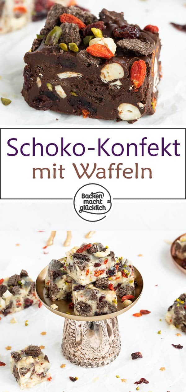 Rocky Road Fudge: Diese Toffee-Happen aus weißer Schokolade, dunklen Knusperwaffeln, Nüssen, Kernen und Trockenfrüchten sind eine köstliche Nascherei (nicht nur) im Winter!