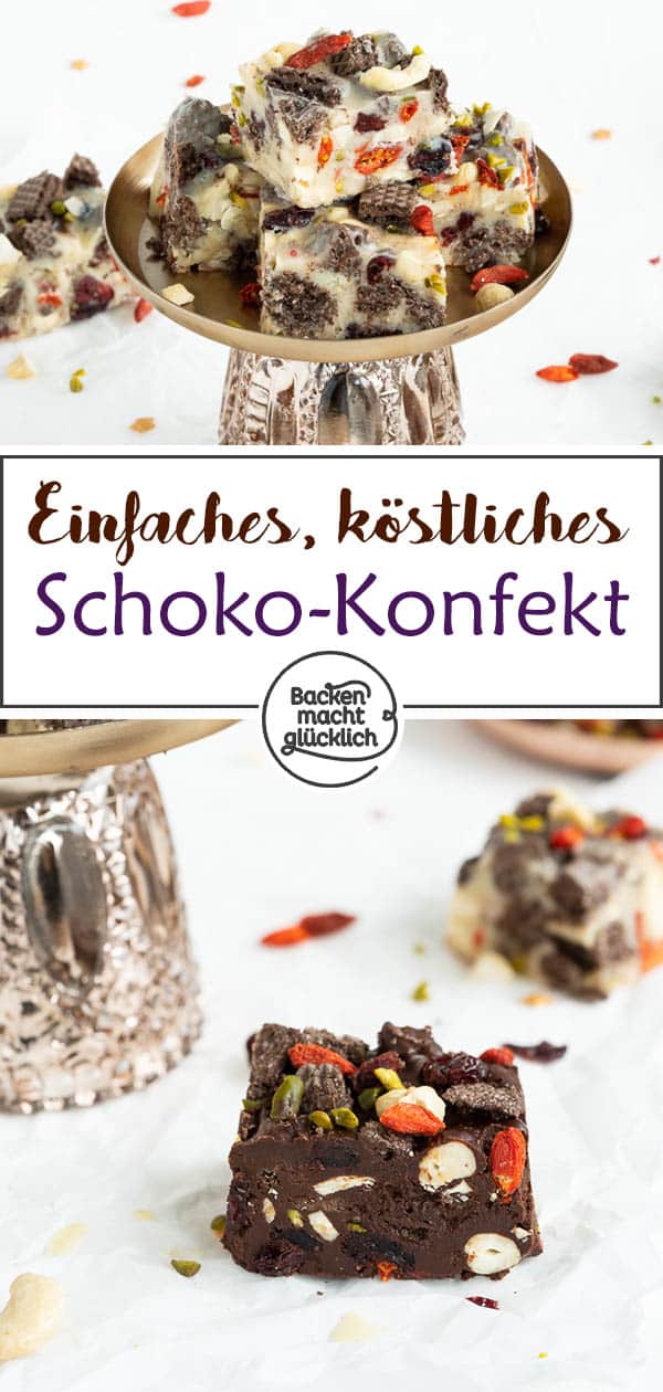 Rocky Road Fudge: Diese Toffee-Happen aus weißer Schokolade, dunklen Knusperwaffeln, Nüssen, Kernen und Trockenfrüchten sind eine köstliche Nascherei (nicht nur) im Winter!