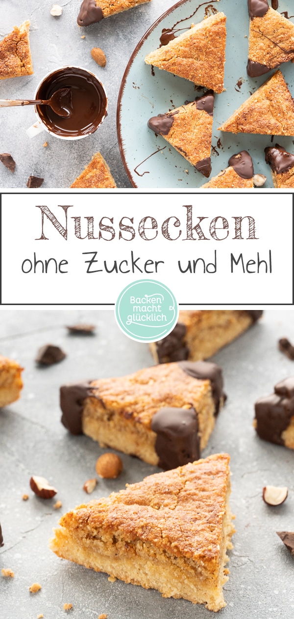 Selbstgemachte Nussecken ohne Zucker, die sogar noch besser schmecken als beim Bäcker! Die gesunden glutenfreien Nussecken sind super zum Naschen für zwischendurch. 