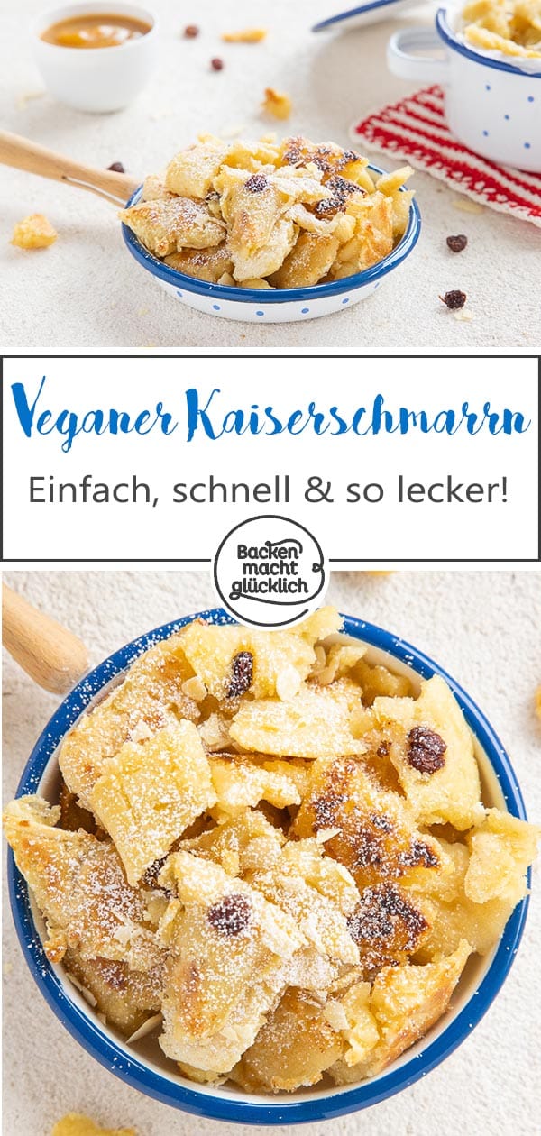 Schnell, einfach, fluffig, köstlich! Dieser vegane Kaiserschmarrn ohne Eier, Butter und Milch steht dem Klassiker in nichts nach. Wer es noch gesünder will, kann das vegane Kaiserschmarrnrezept ohne Zucker machen