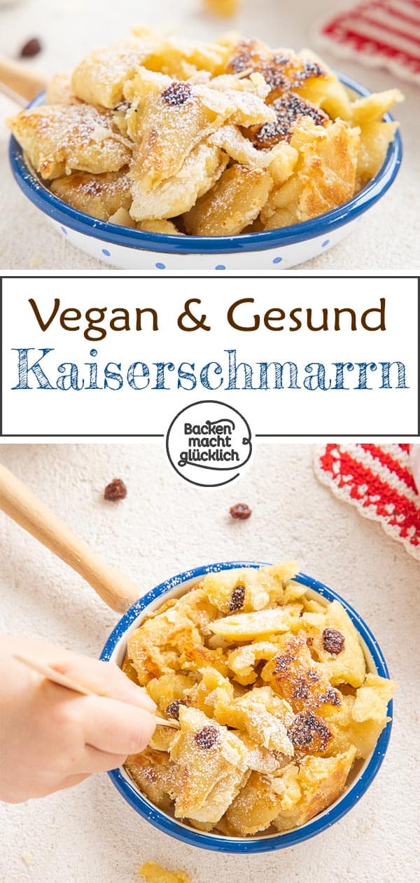 Schnell, einfach, fluffig, köstlich! Dieser vegane Kaiserschmarrn ohne Eier, Butter und Milch steht dem Klassiker in nichts nach. Wer es noch gesünder will, kann das vegane Kaiserschmarrnrezept ohne Zucker machen