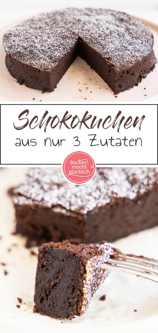 Dieser leckere, einfache 3-Zutaten-Schokoladenkuchen ist ungeheuer saftig. Ihr braucht nur Schokolade, Eier und Butter - fertig!