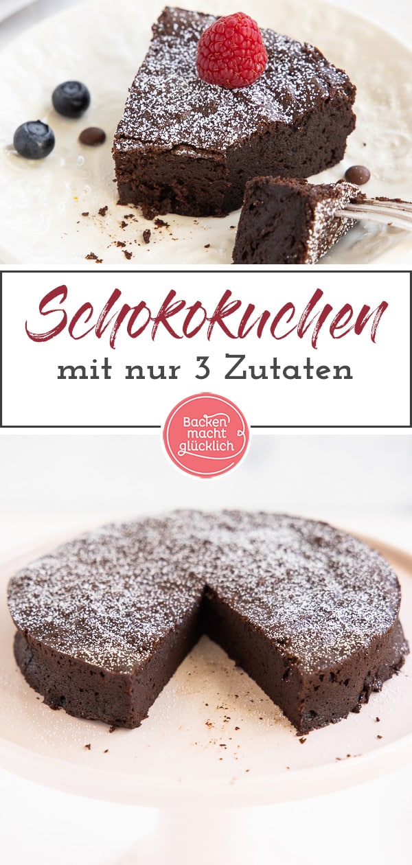 Dieser leckere, einfache 3-Zutaten-Schokoladenkuchen ist ungeheuer saftig. Ihr braucht nur Schokolade, Eier und Butter - fertig!