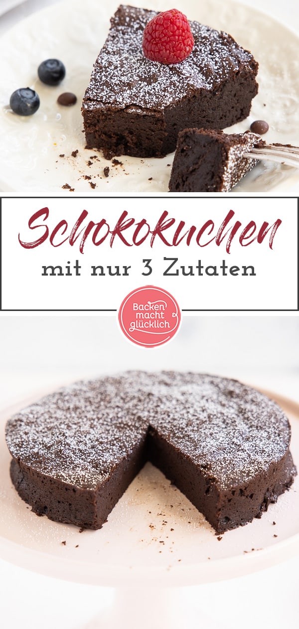 Dieser leckere, einfache 3-Zutaten-Schokoladenkuchen ist ungeheuer saftig. Ihr braucht nur Schokolade, Eier und Butter - fertig!