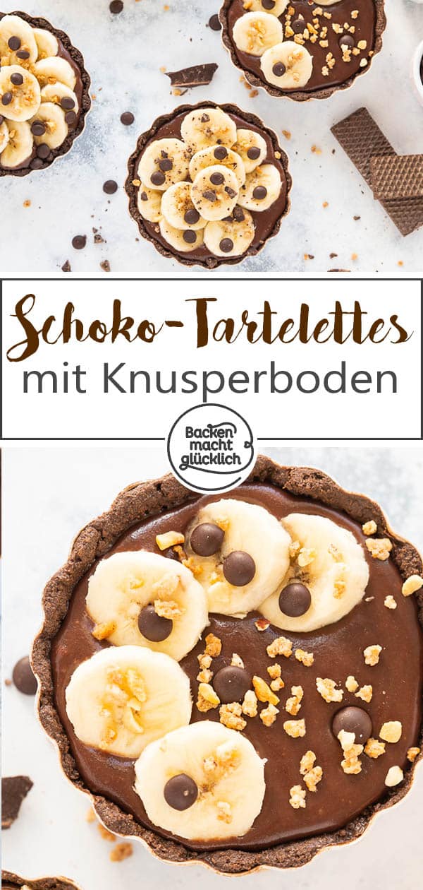 Bananen-Schoko-Tartelettes ohne Backen: Kleine, aber feine No Bake Tartelettes mit knusprigem Schokoboden, cremiger Ganache und fruchtigem Topping - was für ein Genuss!