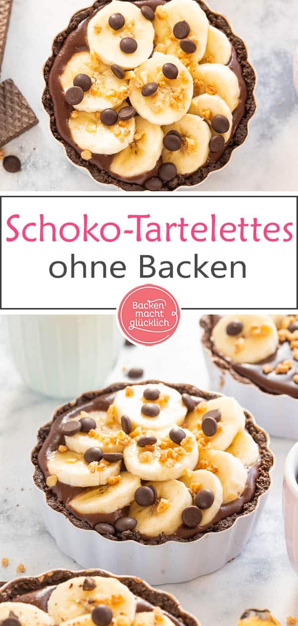 Bananen-Schoko-Tartelettes ohne Backen: Kleine, aber feine No Bake Tartelettes mit knusprigem Schokoboden, cremiger Ganache und fruchtigem Topping - was für ein Genuss!