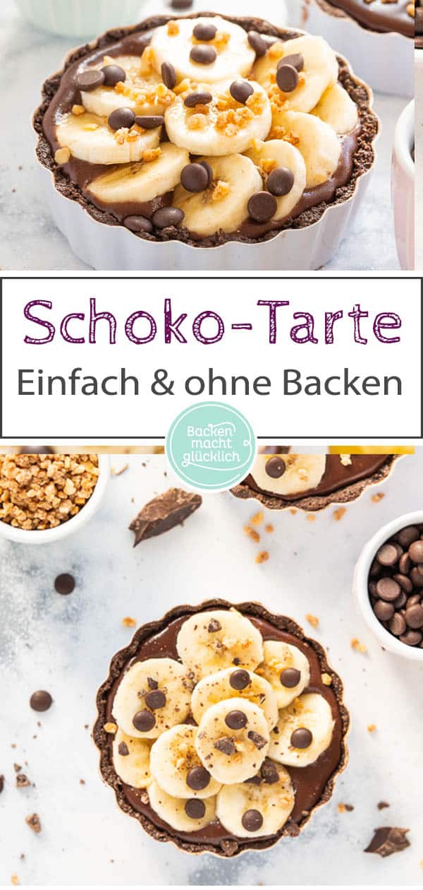 Bananen-Schoko-Tartelettes ohne Backen: Kleine, aber feine No Bake Tartelettes mit knusprigem Schokoboden, cremiger Ganache und fruchtigem Topping - was für ein Genuss!