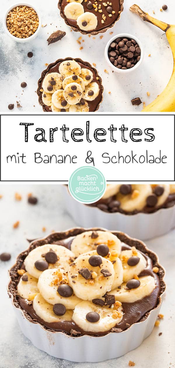 Bananen-Schoko-Tartelettes ohne Backen: Kleine, aber feine No Bake Tartelettes mit knusprigem Schokoboden, cremiger Ganache und fruchtigem Topping - was für ein Genuss!