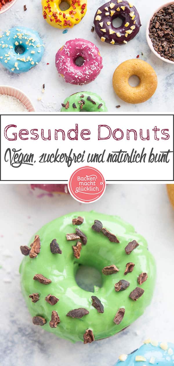 Gesunde Donuts: vegan, zuckerfrei & natürlich gefärbt. Obwohl diese Donuts ohne Eier, Butter, Milch, Lebensmittelfarbe und Zucker auskommen, schmecken sie toll. Ein echter Hingucker und perfekt für jeden, der kalorienarme Donuts backen will