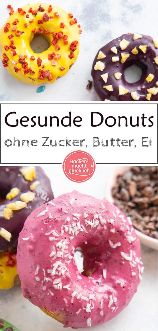 Gesunde Donuts: vegan, zuckerfrei & natürlich gefärbt. Obwohl diese Donuts ohne Eier, Butter, Milch, Lebensmittelfarbe und Zucker auskommen, schmecken sie toll. Ein echter Hingucker und perfekt für jeden, der kalorienarme Donuts backen will