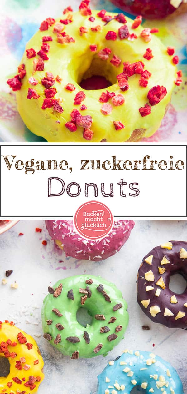 Gesunde Donuts: vegan, zuckerfrei & natürlich gefärbt. Obwohl diese Donuts ohne Eier, Butter, Milch, Lebensmittelfarbe und Zucker auskommen, schmecken sie toll. Ein echter Hingucker und perfekt für jeden, der kalorienarme Donuts backen will