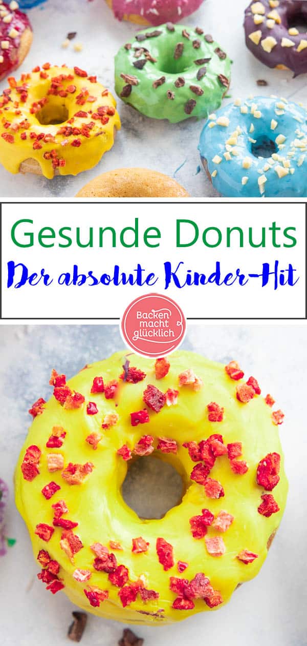 Gesunde Donuts: vegan, zuckerfrei & natürlich gefärbt. Obwohl diese Donuts ohne Eier, Butter, Milch, Lebensmittelfarbe und Zucker auskommen, schmecken sie toll. Ein echter Hingucker und perfekt für jeden, der kalorienarme Donuts backen will