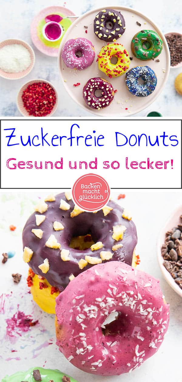 Gesunde Donuts: vegan, zuckerfrei & natürlich gefärbt. Obwohl diese Donuts ohne Eier, Butter, Milch, Lebensmittelfarbe und Zucker auskommen, schmecken sie toll. Ein echter Hingucker und perfekt für jeden, der kalorienarme Donuts backen will