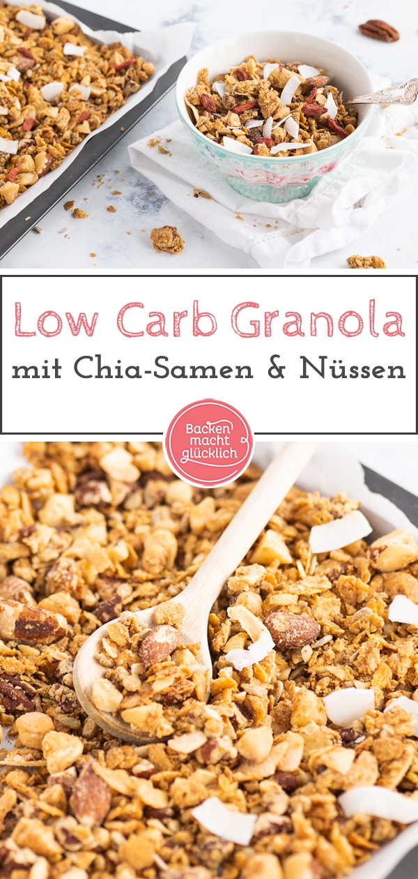 Geniales Low Carb Knuspermüsli ohne Zucker - einfach zu backen, kohlenhydratarm und unheimlich lecker! Gesundes Granola ist der perfekte Start in den Tag.