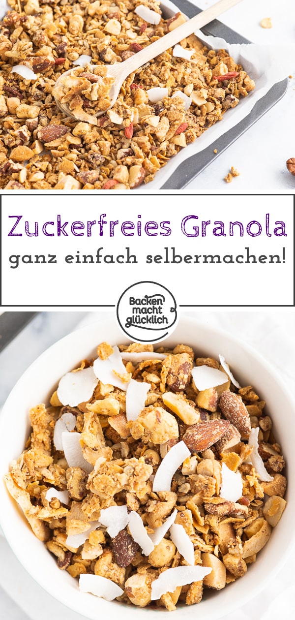 Geniales Low Carb Knuspermüsli ohne Zucker - einfach zu backen, kohlenhydratarm und unheimlich lecker! Gesundes Granola ist der perfekte Start in den Tag.