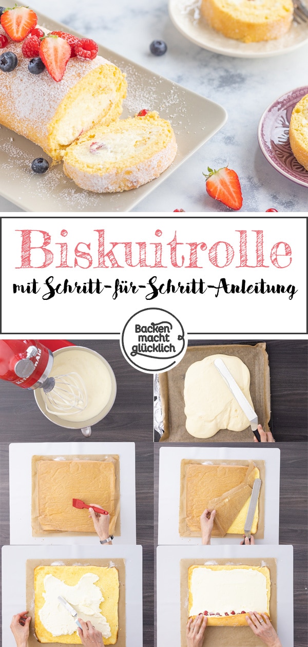 Diese leckere Biskuitrolle gelingt immer: Das beste Grundrezept für eine fluffige und cremige Biskuitroulade, die ihr nach Belieben mit Obst und anderen Zutaten füllen und dekorieren könnt. 