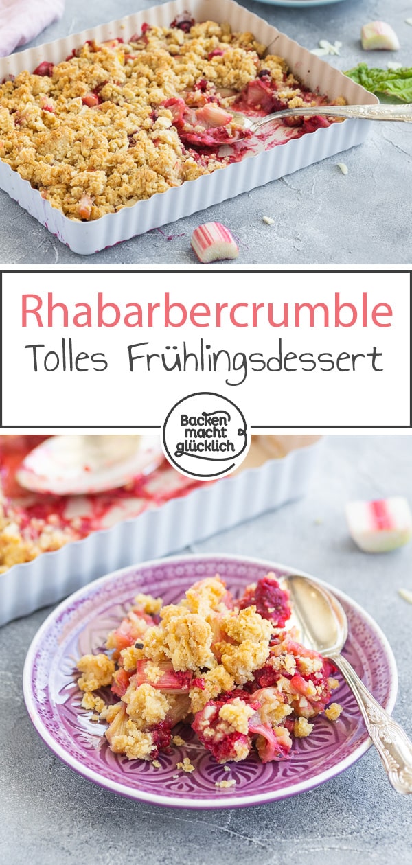 Dieser Crumble mit Rhabarber und Haferflocken sorgt für Frühlingsgefühle! Das Rhabarber-Dessert ist herrlich süß und säuerlich, fruchtig und knusprig zugleich!