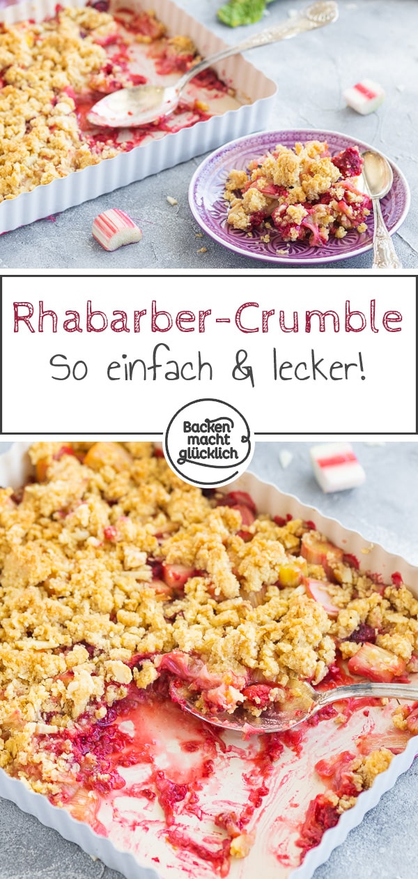 Dieser Crumble mit Rhabarber und Haferflocken sorgt für Frühlingsgefühle! Das Rhabarber-Dessert ist herrlich süß und säuerlich, fruchtig und knusprig zugleich!