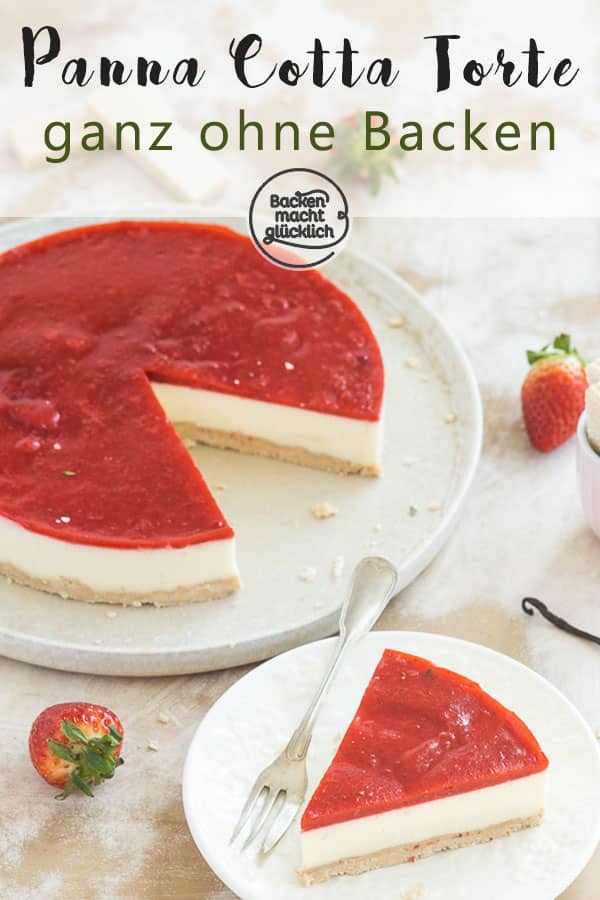 Einfache Erdbeer Panna Cotta Torte ohne Backen: Die perfekte Frühlingstorte mit Knusperboden und sahniger Creme. Noch dazu ist der Panna Cotta Kuchen einfach zuzubereiten