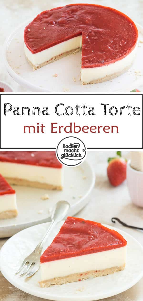 Einfache Erdbeer Panna Cotta Torte ohne Backen: Die perfekte Frühlingstorte mit Knusperboden und sahniger Creme. Noch dazu ist der Panna Cotta Kuchen einfach zuzubereiten