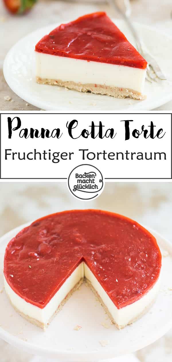 Einfache Erdbeer Panna Cotta Torte ohne Backen: Die perfekte Frühlingstorte mit Knusperboden und sahniger Creme. Noch dazu ist der Panna Cotta Kuchen einfach zuzubereiten