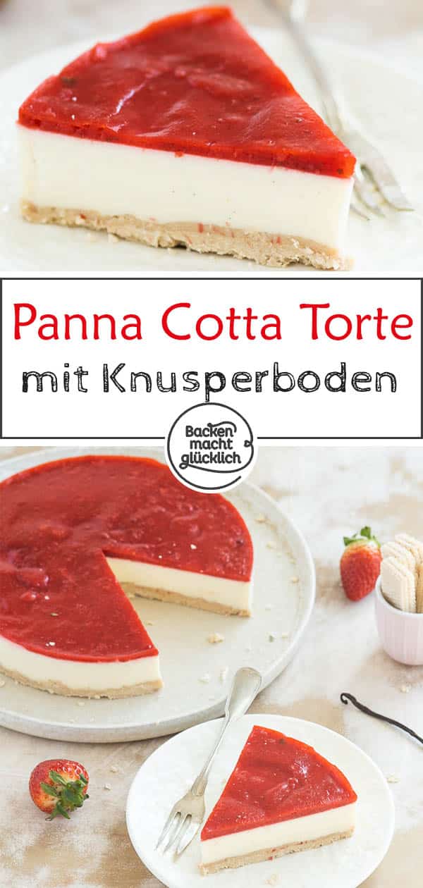 Einfache Erdbeer Panna Cotta Torte ohne Backen: Die perfekte Frühlingstorte mit Knusperboden und sahniger Creme. Noch dazu ist der Panna Cotta Kuchen einfach zuzubereiten