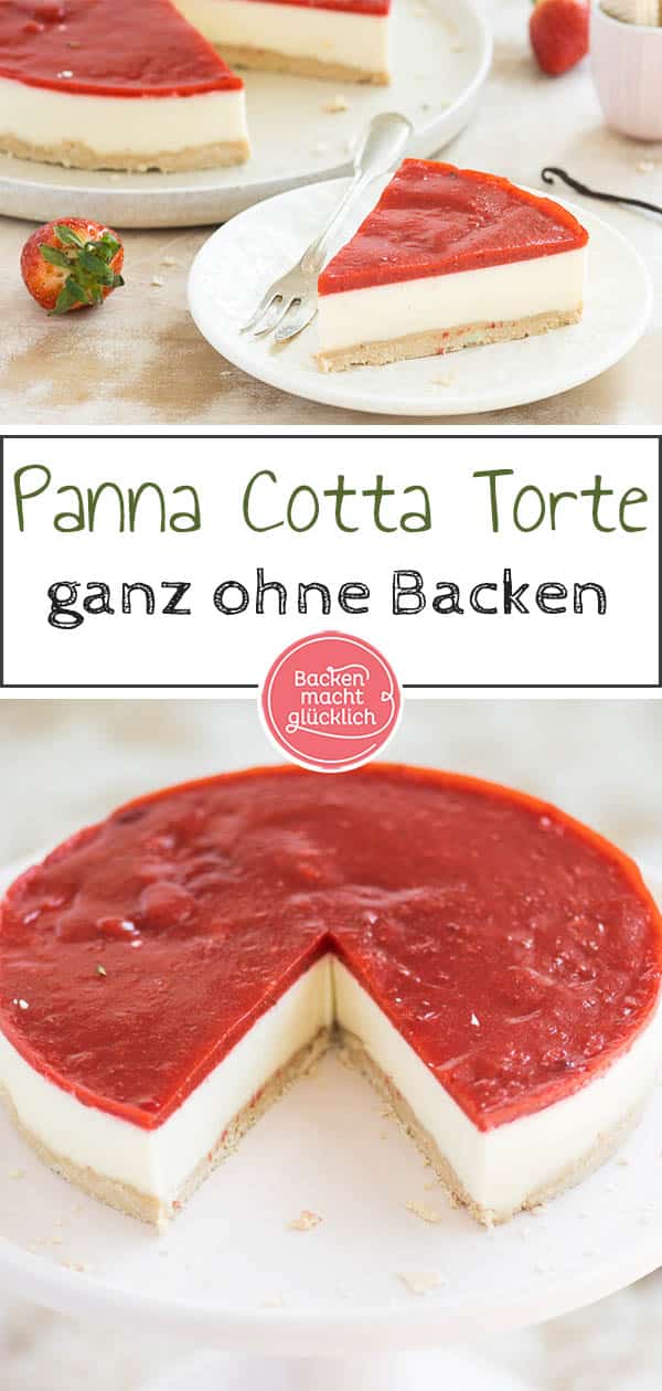 Einfache Erdbeer Panna Cotta Torte ohne Backen: Die perfekte Frühlingstorte mit Knusperboden und sahniger Creme. Noch dazu ist der Panna Cotta Kuchen einfach zuzubereiten