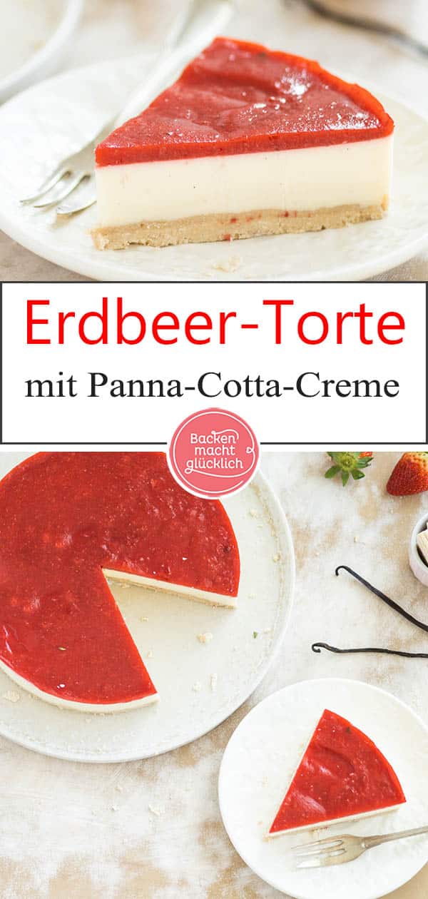 Einfache Erdbeer Panna Cotta Torte ohne Backen: Die perfekte Frühlingstorte mit Knusperboden und sahniger Creme. Noch dazu ist der Panna Cotta Kuchen einfach zuzubereiten