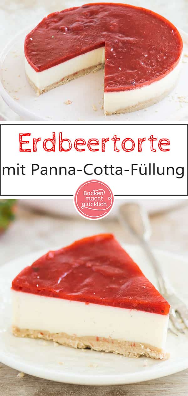 Einfache Erdbeer Panna Cotta Torte ohne Backen: Die perfekte Frühlingstorte mit Knusperboden und sahniger Creme. Noch dazu ist der Panna Cotta Kuchen einfach zuzubereiten