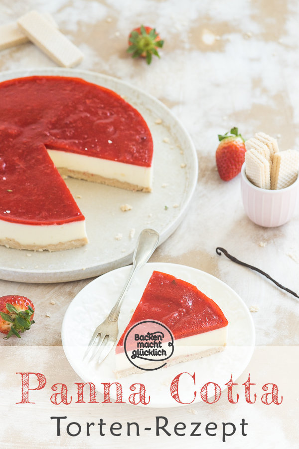 Einfache Erdbeer Panna Cotta Torte ohne Backen: Die perfekte Frühlingstorte mit Knusperboden und sahniger Creme. Noch dazu ist der Panna Cotta Kuchen einfach zuzubereiten