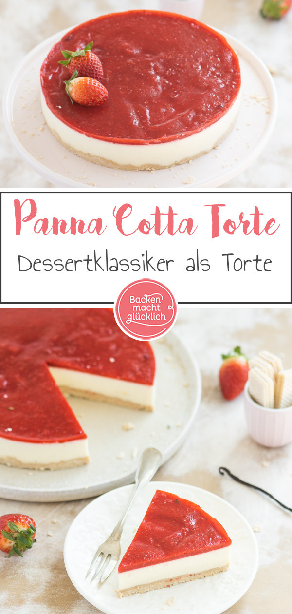 Einfache Erdbeer Panna Cotta Torte ohne Backen: Die perfekte Frühlingstorte mit Knusperboden und sahniger Creme. Noch dazu ist der Panna Cotta Kuchen einfach zuzubereiten