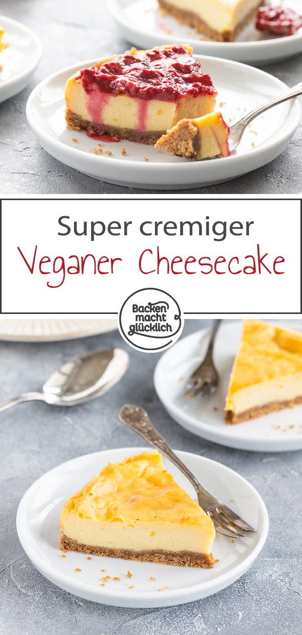 So gut hat veganer Cheesecake noch nie geschmeckt! Das Rezept für den veganen Käsekuchen mit Keksboden ist super simpel und garantiert köstlich!